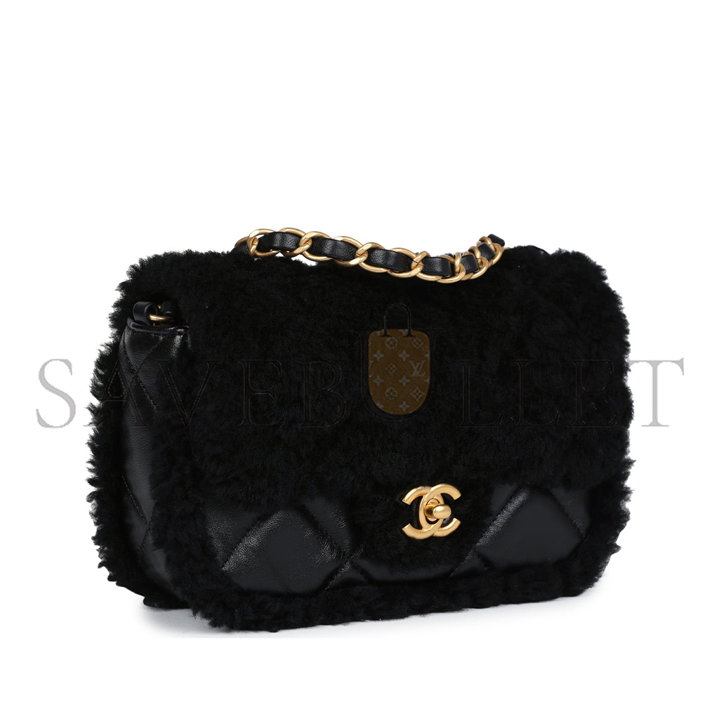 CHANEL MASTER MINI SHEARLING FLAP BAG BLACK LAMBSKIN BRUSHED GOLD HARDWARE AS5148 (18*12*6cm)